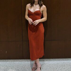 Rusted Orange Pleated Bust Sleeveless Midi Dress